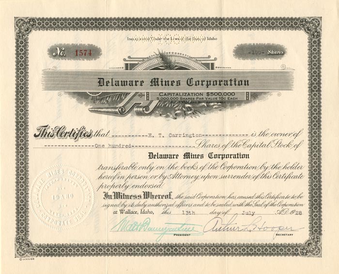 Delaware Mines Corporation - Stock Certificate